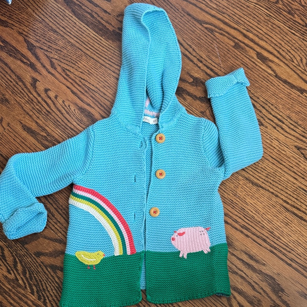 Baby Boden Blue Knit Hooded Cardigan jacket with spring animal farm embroidery